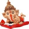 Baby Ganesha Idol Reading Book with Ladoo Cute Ganpati Statue for Home Temple Decor, Office Desk & Gift, Orange Dhoti Polyresin Showpiece 6 Inch