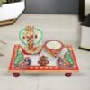 Handcrafted Marble Ganesha Chowki with Diya Decorative PUJA Thali Set for Roli, Chawal, Temple & Home decor Festive Diwali & Ganesh Chaturthi Gift