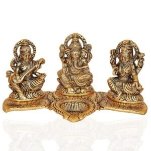 Brass Lakshmi-Ganesha-Saraswati Diya Holder on Leaf Plate Gold-Tone Hindu Trio Statues with Oil Lamp for Puja Room, Temple & Home Decor, Diwali & Wedding Gift