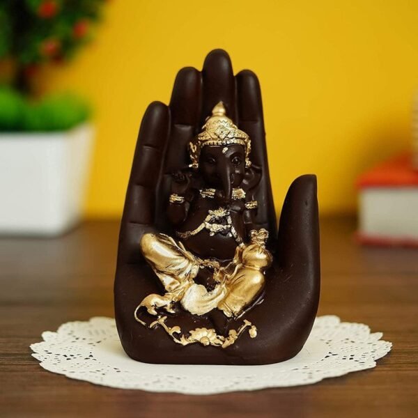 Elegant Lord Ganesha Idol in Hand Design | Black & Gold Polyresin Ganpati Statue for Home, Office & Car Dashboard Decor 6 Inch