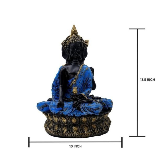 Buddha Statue Meditation Figurine, Black and Blue Resin, 34 cm x 25.4 cm, Gold-Accented Lotus Base