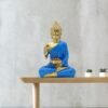 Buddha with Lotus Flower Statue, Blue Robe Gold Finish, 24.1 x 16.5 cm, Meditation Lotus Bowl