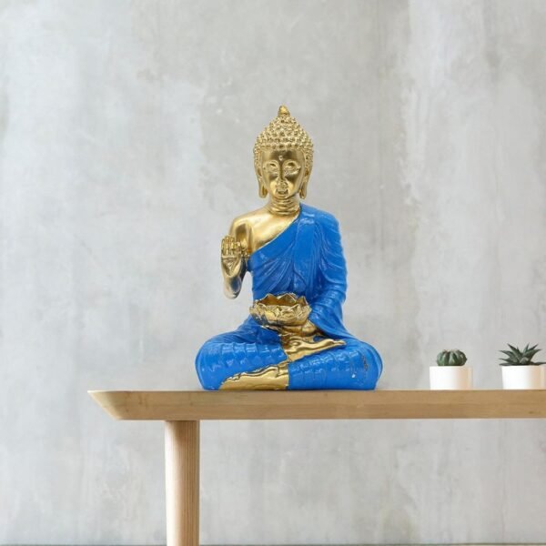 Buddha with Lotus Flower Statue, Blue Robe Gold Finish, 24.1 x 16.5 cm, Meditation Lotus Bowl