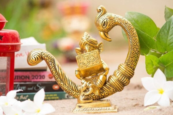 Reading Ganesha Idol on Peacock Brass Finish Ganpati Statue with Book and Om Symbol for Home Decor, Office Desk & Gift 6 Inch