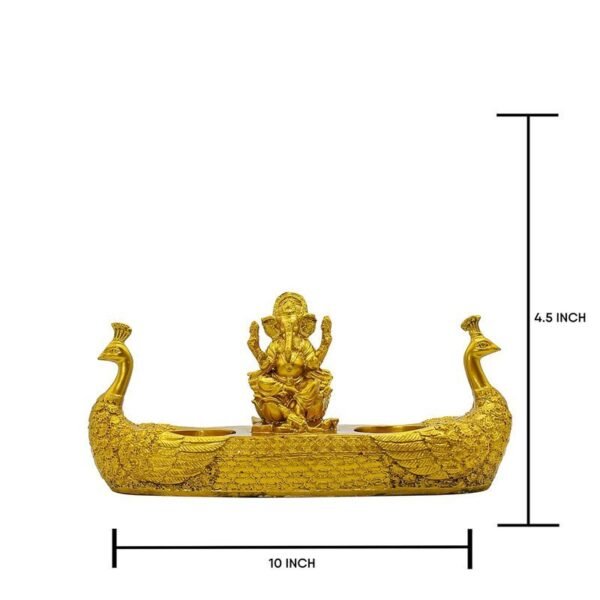 Lord Ganesha Idol with Twin Peacock Diya Stand Golden Polyresin Ganpati Showpiece for Home Temple Decor & Festive Lighting 10 Inch