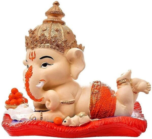 Baby Ganesha Idol Reading Book with Ladoo Cute Ganpati Statue for Home Temple Decor, Office Desk & Gift, Orange Dhoti Polyresin Showpiece 6 Inch