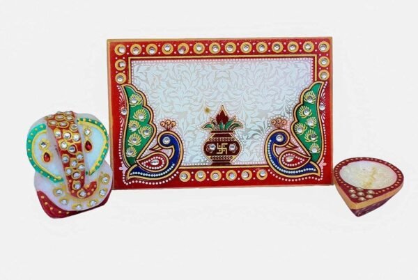 Handcrafted Marble Ganesha Chowki with Diya Decorative PUJA Thali Set for Roli, Chawal, Temple & Home decor Festive Diwali & Ganesh Chaturthi Gift