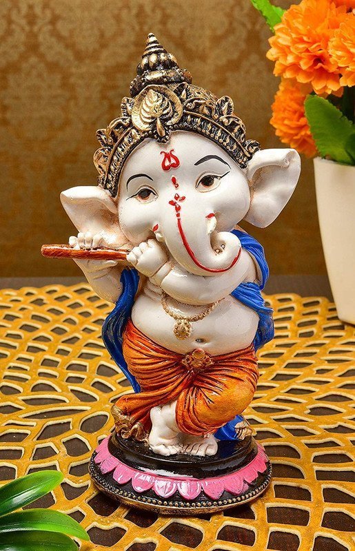 Polyresin Baby Ganesha Flute Statue HandPainted Lord Ganpati Idol for Puja Room, Home & Office decor, Spiritual Gift for Diwali & Ganesh Chaturthi