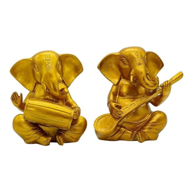 Set of 2 Musical Lord Ganesha Idols | Golden Ganpati Playing Tabla & Sitar | Polyresin Ganesh Statue for Home Decor, Pooja Room, Office & Festive Gift