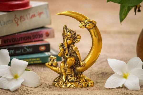 Golden Ganesha Statue on Crescent Moon - Hindu Deity Figurine for Spiritual Peace Golden Ganesha Statue on Crescent Moon - Hindu Deity Figurine for Spiritual Peace