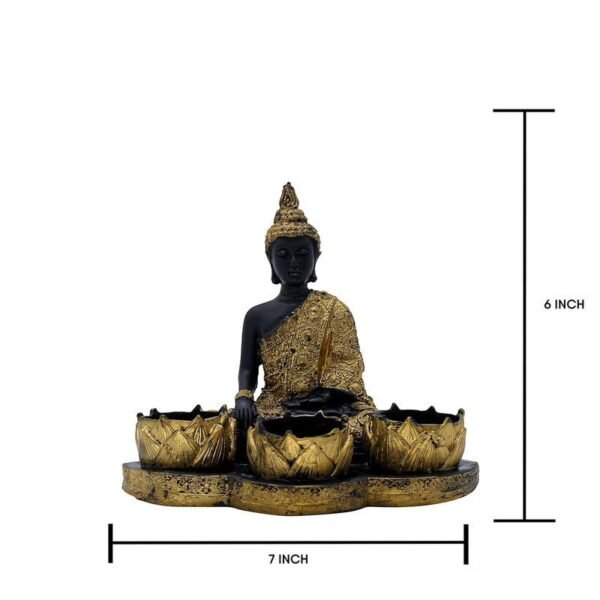 Resin Buddha Head Candle Holder with 3 Lotus Tealight Stands Black & Gold Decorative Showpiece for Home, Altar & Spiritual Gifting