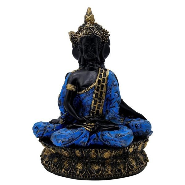 Buddha Statue Meditation Figurine, Black and Blue Resin, 34 cm x 25.4 cm, Gold-Accented Lotus Base