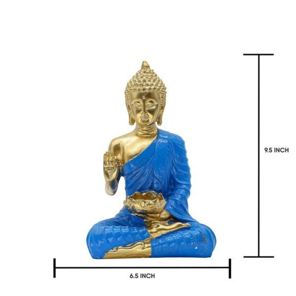 Buddha with Lotus Flower Statue, Blue Robe Gold Finish, 24.1 x 16.5 cm, Meditation Lotus Bowl