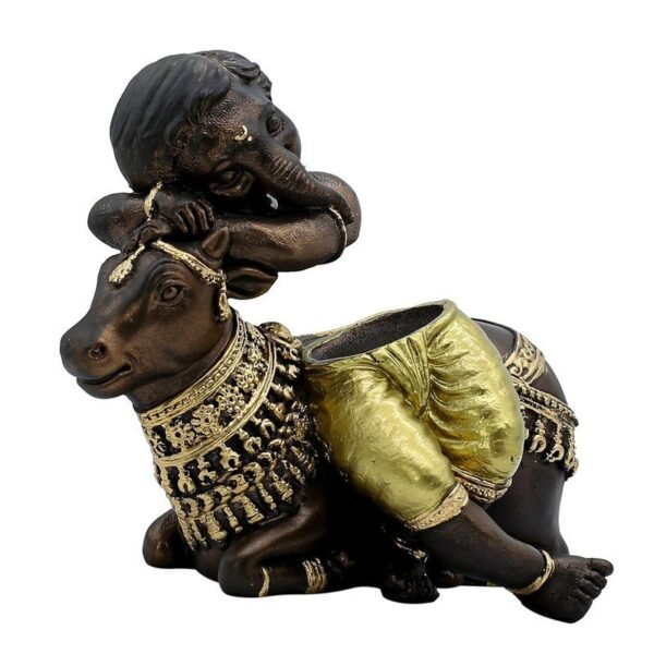 Baby Ganesha Idol Resting on Cow Antique Finish Polyresin Ganpati Murti with Golden Dhoti for Home Decor, Pooja Room & Gift, 6 Inch