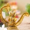 Reading Ganesha Idol on Peacock Brass Finish Ganpati Statue with Book and Om Symbol for Home Decor, Office Desk & Gift 6 Inch
