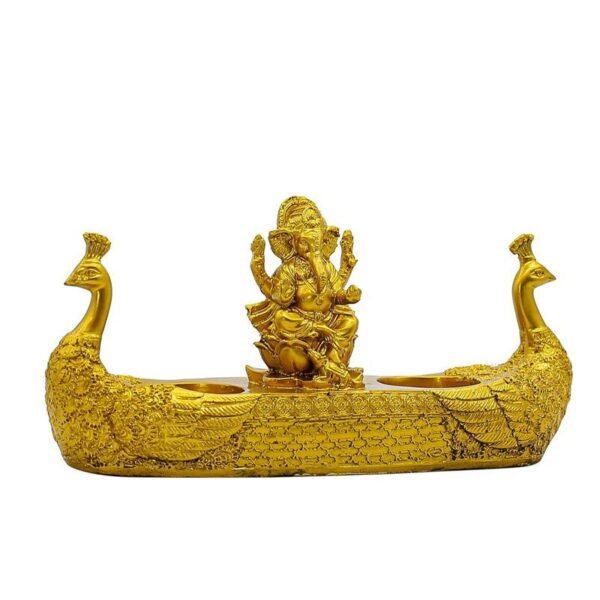 Lord Ganesha Idol with Twin Peacock Diya Stand Golden Polyresin Ganpati Showpiece for Home Temple Decor & Festive Lighting 10 Inch