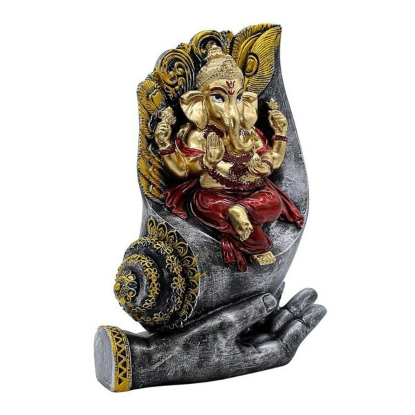 Ganesha Sitting on Conch Shell Statue - Black and Red - Metal/Stone - Home/Office Decor - Auspicious Gift
