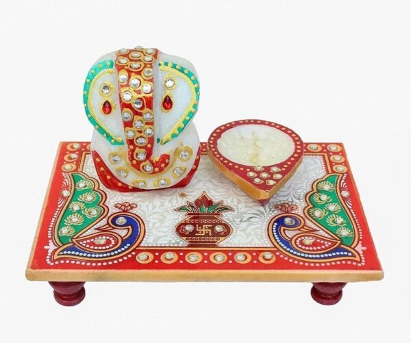 Handcrafted Marble Ganesha Chowki with Diya Decorative PUJA Thali Set for Roli, Chawal, Temple & Home decor Festive Diwali & Ganesh Chaturthi Gift