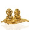 Brass Lakshmi Ganesha Diya Holder on Leaf Puja Plate GoldTone Hindu Deity Statue with Diya for Temple & Home Altar decor, Diwali & Housewarming Gift