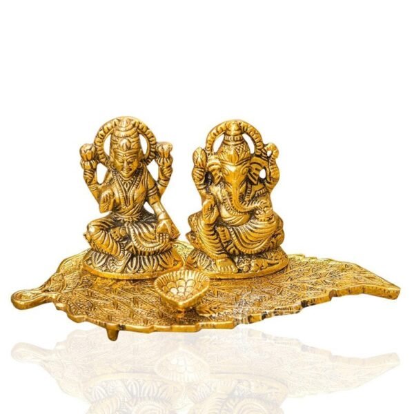 Brass Lakshmi Ganesha Diya Holder on Leaf Puja Plate GoldTone Hindu Deity Statue with Diya for Temple & Home Altar decor, Diwali & Housewarming Gift