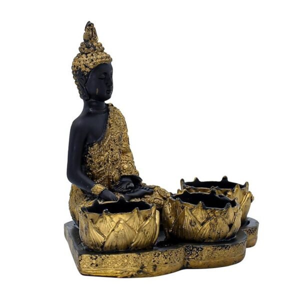 Resin Buddha Head Candle Holder with 3 Lotus Tealight Stands Black & Gold Decorative Showpiece for Home, Altar & Spiritual Gifting
