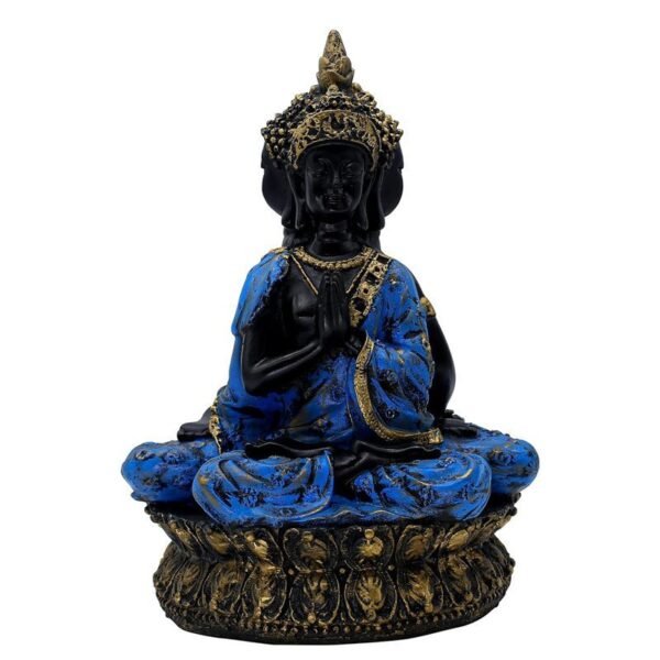 Buddha Statue Meditation Figurine, Black and Blue Resin, 34 cm x 25.4 cm, Gold-Accented Lotus Base