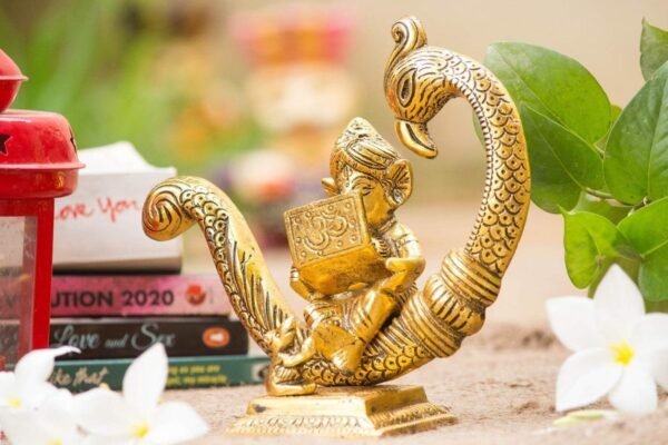 Reading Ganesha Idol on Peacock Brass Finish Ganpati Statue with Book and Om Symbol for Home Decor, Office Desk & Gift 6 Inch