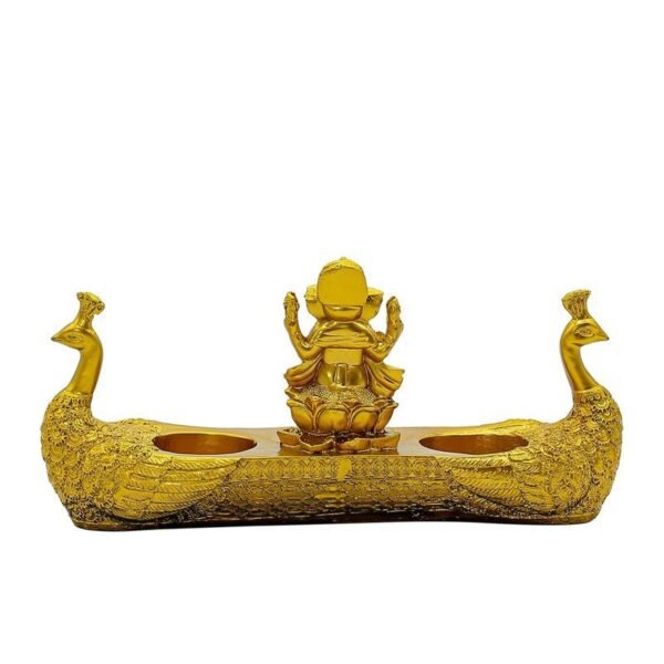 Lord Ganesha Idol with Twin Peacock Diya Stand Golden Polyresin Ganpati Showpiece for Home Temple Decor & Festive Lighting 10 Inch