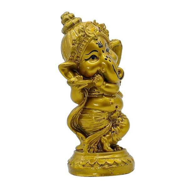 Handcrafted Resin Lord Ganesha Flute Playing Statue Gold Baby Ganesh Idol for Puja Room, Home & Temple Decor, Spiritual Gift for Diwali & Ganesh Chaturthi