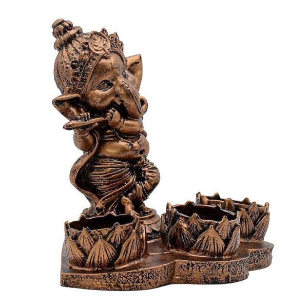 Polyresin Ganesha Flute Tea Light Candle Holder Antique Copper LordGanesha Statue with 3 Lotus Tea Lights for Puja Room, Home Decor, Diwali & Ganesh Chaturthi Gift