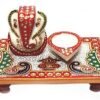 Handcrafted Marble Ganesha Chowki with Diya Decorative PUJA Thali Set for Roli, Chawal, Temple & Home decor Festive Diwali & Ganesh Chaturthi Gift