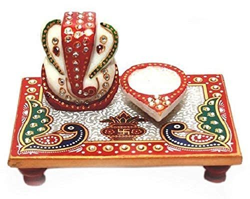 Handcrafted Marble Ganesha Chowki with Diya Decorative PUJA Thali Set for Roli, Chawal, Temple & Home decor Festive Diwali & Ganesh Chaturthi Gift