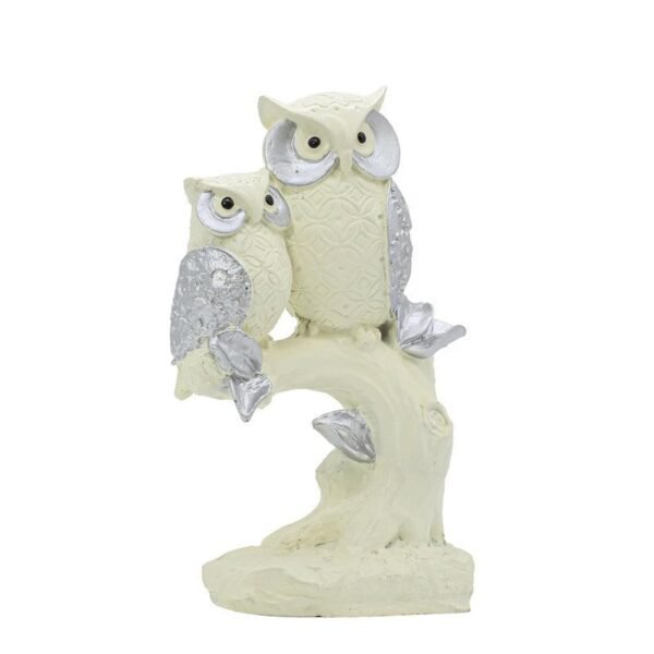 Polyresin Owl Set of 2 Showpiece for Table Decor, White and Silver, 9 inch Height