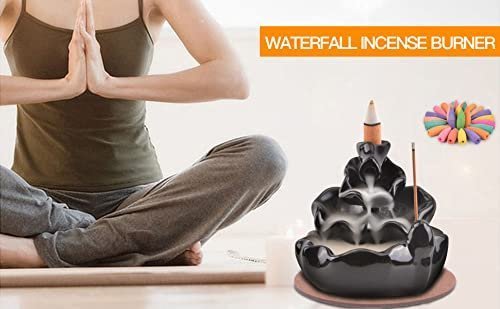 Black Ceramic Waterfall Backflow Incense Burner Lotus Leaf Design, Aromatherapy Incense Cone Holder for Home, Yoga & Meditation decor