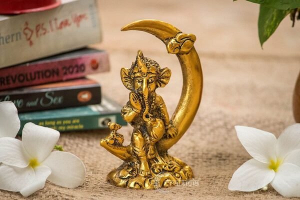 Golden Ganesha Statue on Crescent Moon - Hindu Deity Figurine for Spiritual Peace Golden Ganesha Statue on Crescent Moon - Hindu Deity Figurine for Spiritual Peace