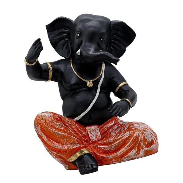 Black Lord Ganesha Idol with Orange Dhoti | Polyresin Ganpati Statue for Home Decor, Pooja Room, Office & Festive Gift | Decorative Ganesh Murti 6 Inch