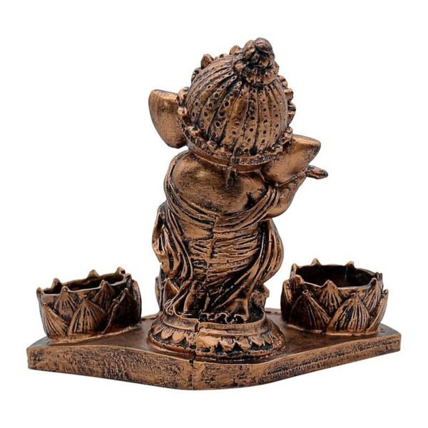 Polyresin Ganesha Flute Tea Light Candle Holder Antique Copper LordGanesha Statue with 3 Lotus Tea Lights for Puja Room, Home Decor, Diwali & Ganesh Chaturthi Gift