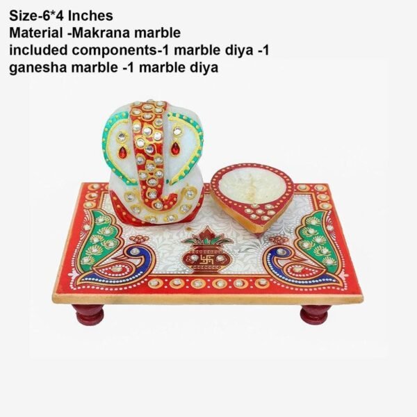 Handcrafted Marble Ganesha Chowki with Diya Decorative PUJA Thali Set for Roli, Chawal, Temple & Home decor Festive Diwali & Ganesh Chaturthi Gift