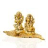 Brass Lakshmi Ganesha Diya Holder on Leaf Puja Plate GoldTone Hindu Deity Statue with Diya for Temple & Home Altar decor, Diwali & Housewarming Gift