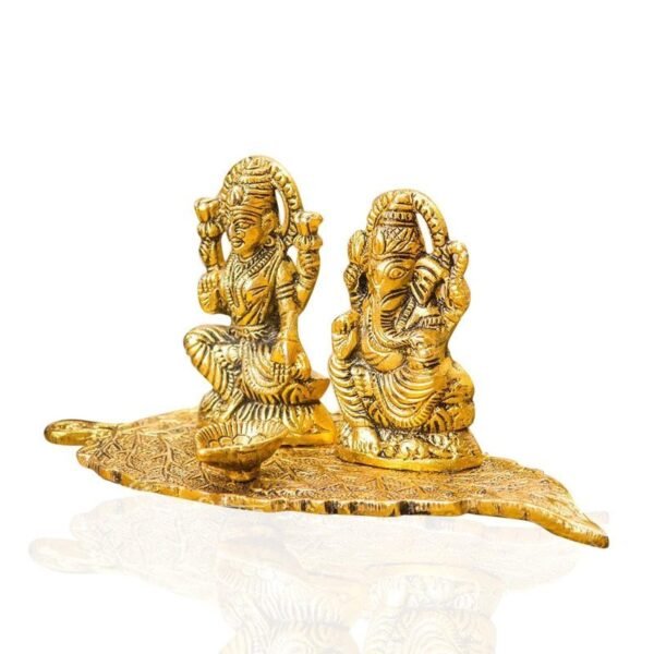 Brass Lakshmi Ganesha Diya Holder on Leaf Puja Plate GoldTone Hindu Deity Statue with Diya for Temple & Home Altar decor, Diwali & Housewarming Gift