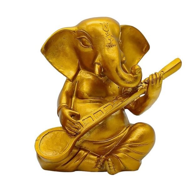 Golden Lord Ganesha Idol Playing Sitar | Musical Ganpati Statue in Polyresin for Home Decor, Pooja Room, Car Dashboard & Festive Gift | Decorative Ganesh Murti 5 Inch