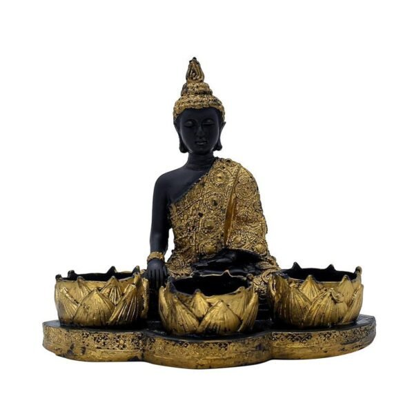 Resin Buddha Head Candle Holder with 3 Lotus Tealight Stands Black & Gold Decorative Showpiece for Home, Altar & Spiritual Gifting