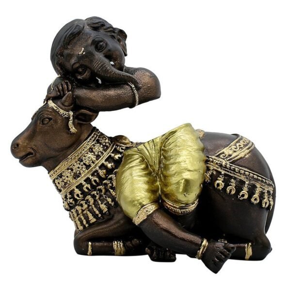 Baby Ganesha Idol Resting on Cow Antique Finish Polyresin Ganpati Murti with Golden Dhoti for Home Decor, Pooja Room & Gift, 6 Inch
