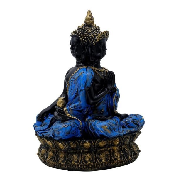 Buddha Statue Meditation Figurine, Black and Blue Resin, 34 cm x 25.4 cm, Gold-Accented Lotus Base