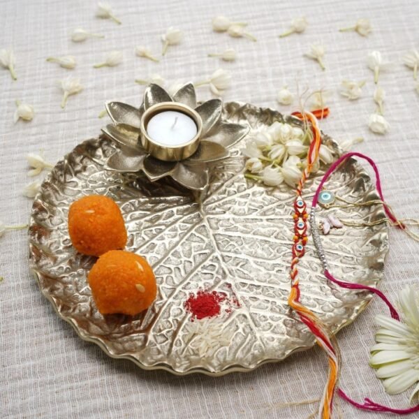Metal Lotus Tray with Tea-Light Holder for Home Decor | Round Thali for Temple, Karvachauth, Durga Puja & Navratri Pooja & Deepawali Decoration | Gold, Large 1 pc