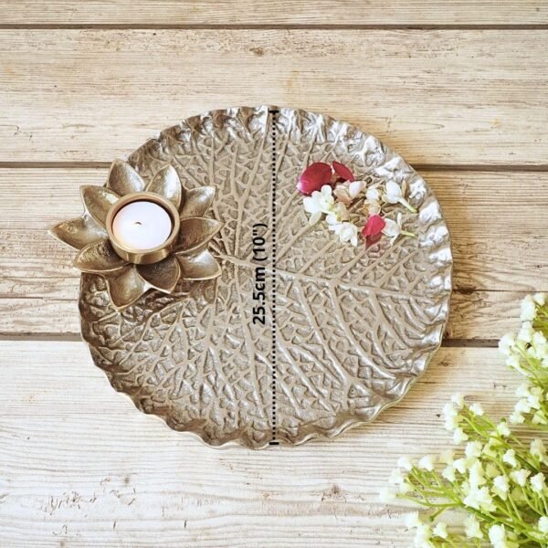 Metal Lotus Tray with Tea-Light Holder for Home Decor | Round Thali for Temple, Karvachauth, Durga Puja & Navratri Pooja & Deepawali Decoration | Gold, Large 1 pc