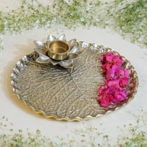 Metal Lotus Tray with Tea-Light Holder for Home Decor | Round Thali for Temple, Karvachauth, Durga Puja & Navratri Pooja & Deepawali Decoration | Gold, Large 1 pc