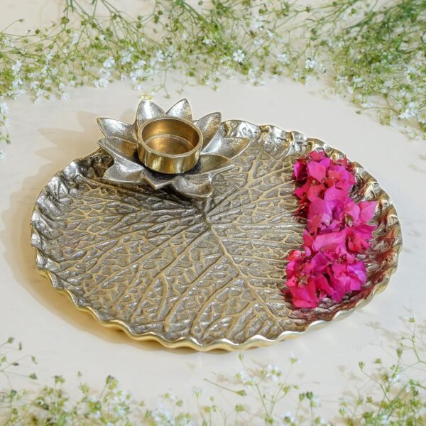 Metal Lotus Tray with Tea-Light Holder for Home Decor | Round Thali for Temple, Karvachauth, Durga Puja & Navratri Pooja & Deepawali Decoration | Gold, Large 1 pc