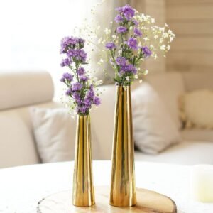 Golden Metal Slim Cone Flower Vase for Home Decor Bedroom Living Room Office Wedding Table Decorative Item for Festivals Birthday Valentine's Day (Flower Not Included)
