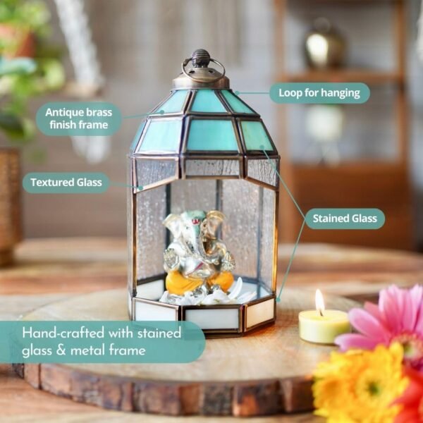Hut Temple Lantern For Home Decoration For Table-Top, Wall-Hanging, Modern Candle & Tealight Holder Gifting, Antique Brass Finish And Stained Glass (Only Lantern)